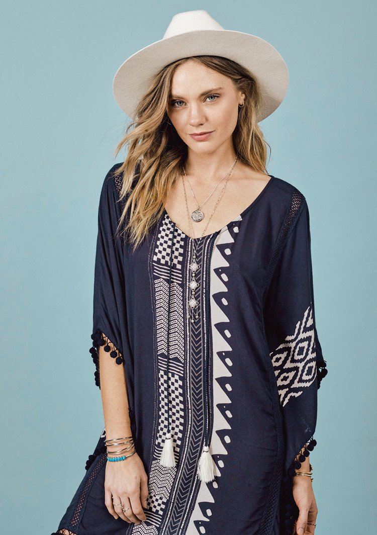 F4737-2 Black Boho Print Pom Pom Trim Tassel Tie Caftan Tunic